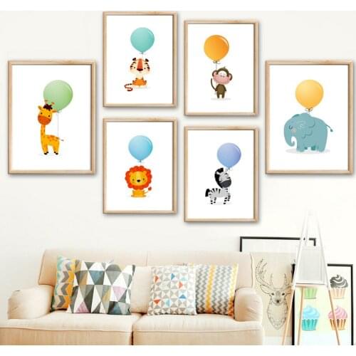 Balloon Deer Lion Tiger Zebra Elephant Monkey Wall Art Canvas Painting Nordic Posters And Prints Wall Pictures Kids Room Decor