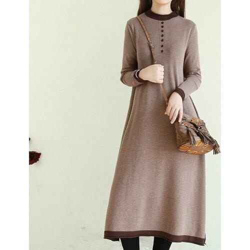 Retro Literary Style Knit Dress Autumn and Winter Womens Long Bottoming Sweater Loose Versatile Simple Casual Vestidos f2435