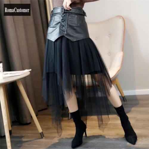 Skirt Womens 2021 Autumn New Genuine Leather Sheepskin Spliced High Waist Elegant Female Fashion Korean A-Line Mesh Skirt