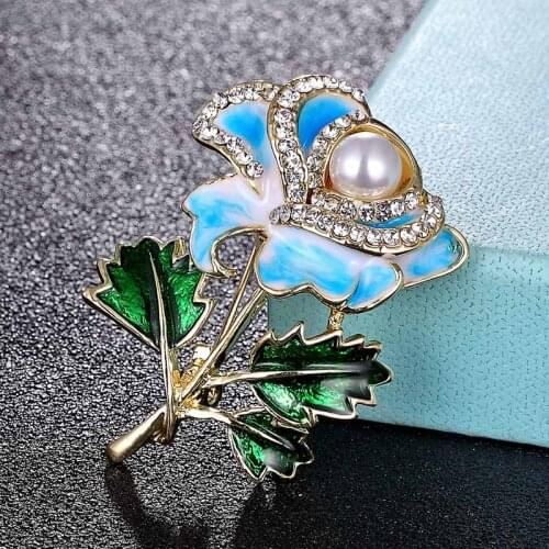 Zlxgirl jewelry nice imitation pearl blue rose flower brooches jewelry fashion womens wedding scarf pins hijab accessory broche