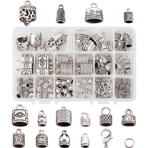 About 240pcs/box Tibetan Style Alloy Cord End Caps Connector Mixed Shapes Jewelry Accessories 7.4x7.2x1.7cm