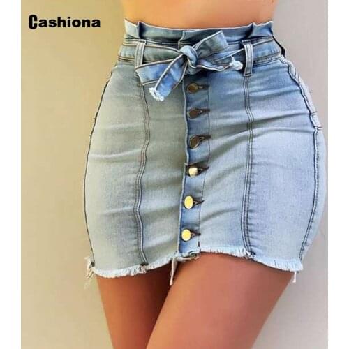 Cashiona Sexy Bodycon Demin Skirt Ladies Summer Button High Waist Skirt Women Bowknot Jeans Bottom Streetwear Slim Pocket Skirts