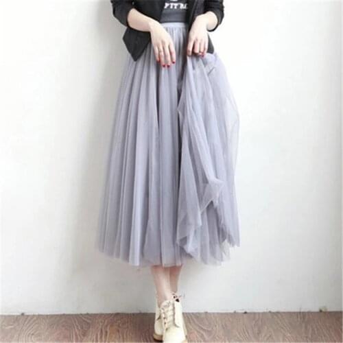 2018 Vintage black white midi Maxi Long Skirts Woman solid Summer plus size mesh elastic girl Tulle tutu Skirt Women Clothing