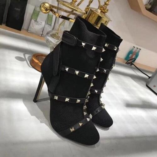 OLOMLB Womens Pointed Toe Rivet Studed Ankle Boots Knitting Belt Buckle Stilettos High Heel Shoes Leather Black Sexy D1018