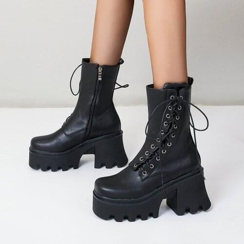 Punk Women Boots Fashion Platform Ankle Boots Lacing Chuky Heel Motorcycle Boots Squar Toe Zipper Autumn Winter Woman Shoes 2021