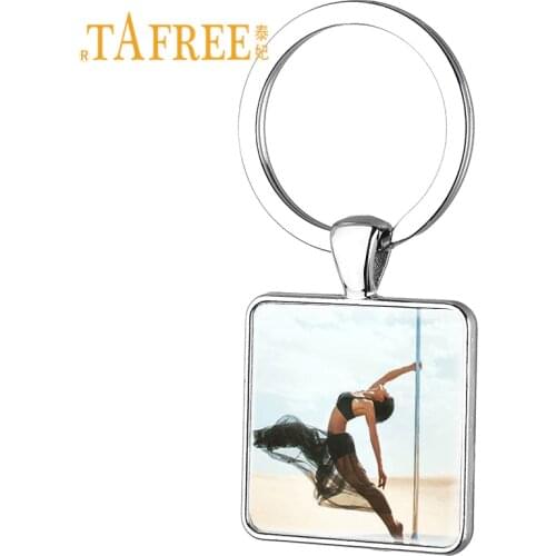 TAFREE Trendy Womens Pole Dancing Keychain Key Bag Pendant Charm Silver Plated Square Key Chain Party Holiday Gift PD10