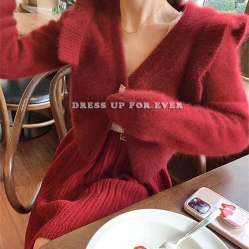 Autumn Winter Fashion Women Mink Cashmere Cardigan Sweater Female V-Neck Knitted Single-breasted Lotus Leaf Sleeve Sweater