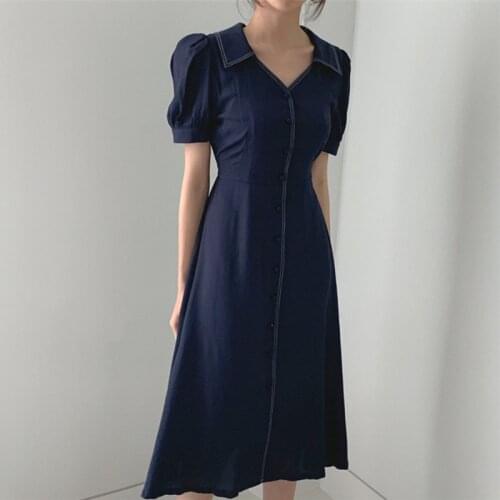 2021 New Summer Women Shirt Dresses V-Neck High Waist Elegant Single Breasted Fashionable Korean Vintage Lady Long Dress DR3189