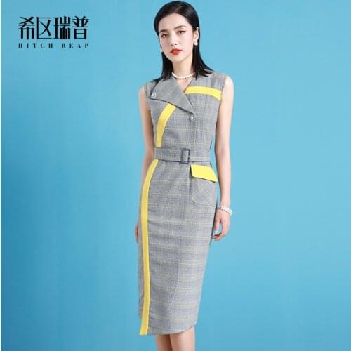 DesignerS Original High-End Slim Dress 2021 Summer Plaid Stitching Lady Fashion Dress