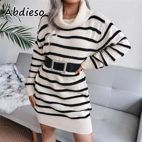 Abdieso Turtleneck Casual Knitted Sweater Dress Women 2021 Black Striped Long Sleeve Autumn Winter Loose Elegant Mini Dress