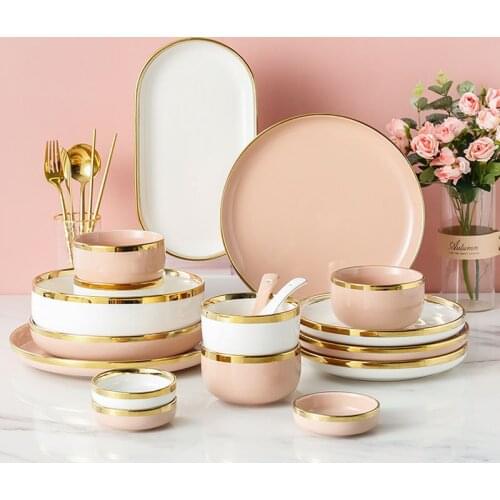 Nordic style white ceramic bowl and plate spoon simple gold edge rice bowl deep plate shallow plate dish gift tableware set