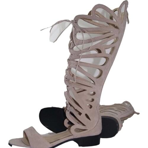 Hollow Lace Up Rome Boots Round Toe Cut Out Suede Low Heel Solid Beige Red Real Picture Custom Made Rome Boots Women Gladiator