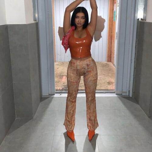 European And American Style Abstract Orange Foam Print Tailored Stitching Horn Elastic Waist Bag Hip Stretch Trousers