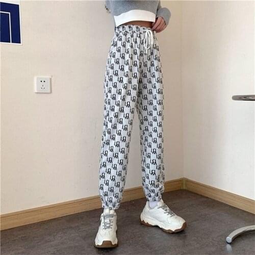 Thin Ice Silk Fabric Printed All-match Streetwear Pants Korean Fashion Printing Harem Trousers Harajuku Women Casual Chic Pants