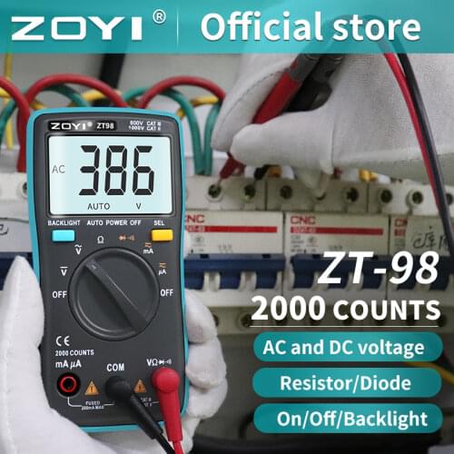 ZOYI ZT98 Digital Multimeter Portable AC/DC Ammeter Voltmeter Ohm LCD Display Backlight Multimeter Diode and Continuity Test