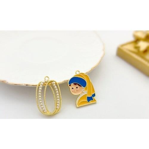 Color-preserving alloy oil painting style girl pearl oval collar with pearl earrings DIY earrings necklace material