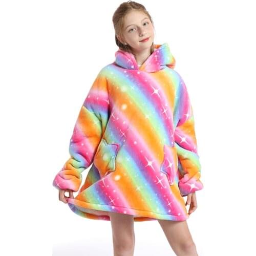 Children Homewear Rainbow Unicorn Oversized Hoodie Sweatshirt Outdoor Plush Fleece Sherpa Blanket Girl Sleepwear Height120-160cm