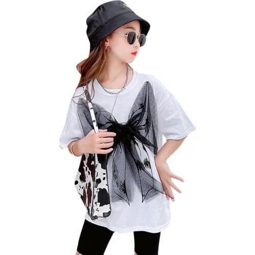 T-shirts For Girls Big Bow T Shirt Girl Mesh T-shirts Children Summer Childrens Clothing Girl 6 8 10 12 14