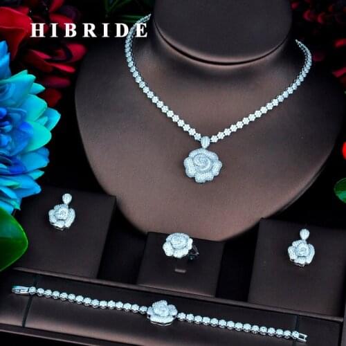 HIBRIDE New Beauty Big Flower Design White Gold Color Bridal Jewelry Sets For Women Wedding Accessories Party Gifts N-739
