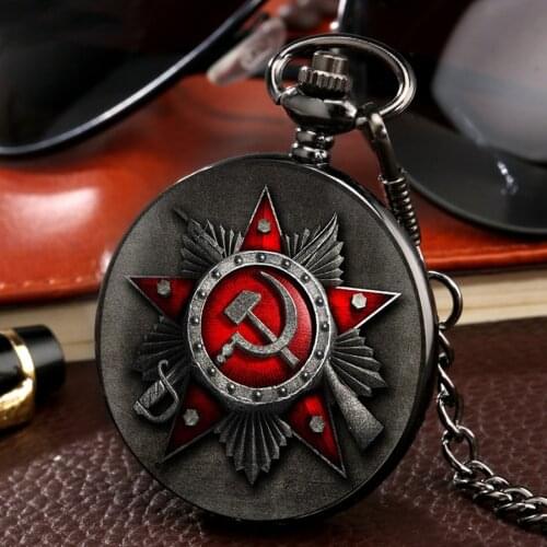Retro CCCP Russia Soviet Union Russian Flag Hammer Badges Sickle Pocket Watch Design USSR Necklace Chain Gift for Men Women Kids