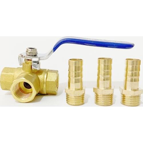 1/4" BSP Female Thread To 4 6 8 10 12 14 16mm Hose Barb OD L-Port 3 Way Brass Ball Valve Connector Adapter with Handle