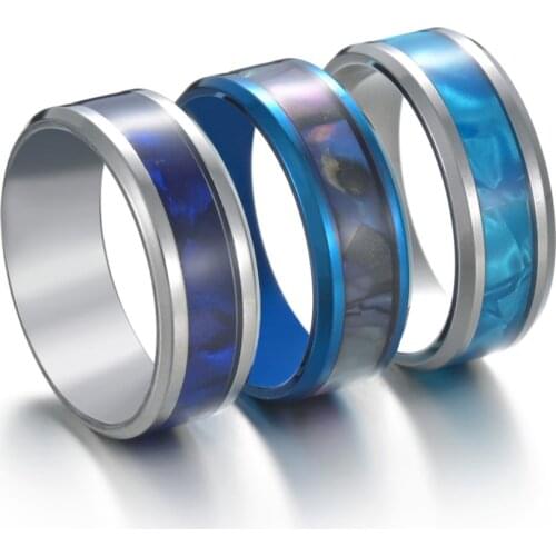 8mm Fashion Luxury Stainless Steel Ring Blue Shell Inlay Ring Wedding Men Women Jewelry Gift