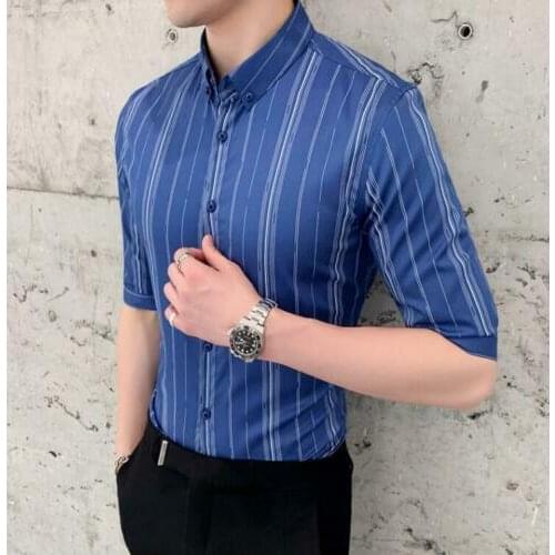 Mens Fashion Summer Business Slim Fit Shirt Youth Casual Stripe Shirts C161