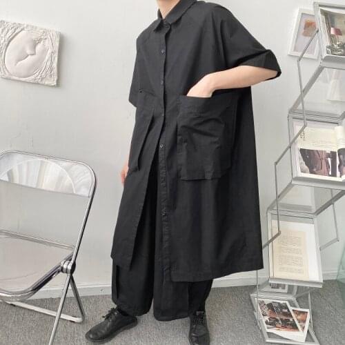 Men Women Couple Japan Korea Streetwear Vintage Loose Casual Big Pocket Long Dress Shirt Male Black Short Sleeve Shirts
