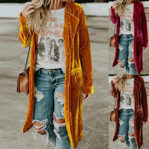 Autumn Winter Women Solid Color Long Sleeve Coat Velvet Pockets Midi Jacket Women Fashion Open Stitch Jacket 2020 Hot New