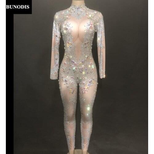 ZD25603 Women Simple Version Sexy Jumpsuit Material Spandex Skin Color Bodysuit Colorful Sparkling Crystals Bling Customes