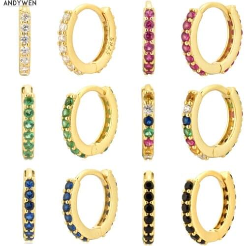 ANDYWEN 925 Sterling Silver Rainbow Zircon CZ Huggie Middle Hoop Earring Piercing Ohrringe Pendiente Luxury Fashion Fine Jewelry