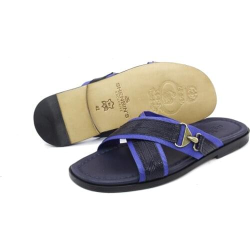 SHENBINS Premium Summer Slippers, Leather Soles, Soft Insoles, Dark Blue Sliders for Travelling Outdoors Hotels Beach Flip Flop
