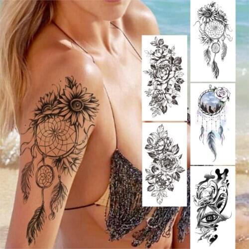 Dreamcatcher Flower Temporary Tattoos For Women Girls Men Triangle Black Eye Tattoo Sticker Fake Body Art Tatoos Sunflower