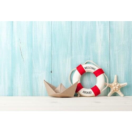 VinylBDS Light Blue Wooden Board Backdrops Paper Boat Lifebuoy Starfish Decoration Children Summer Photo Props for Photo Studio