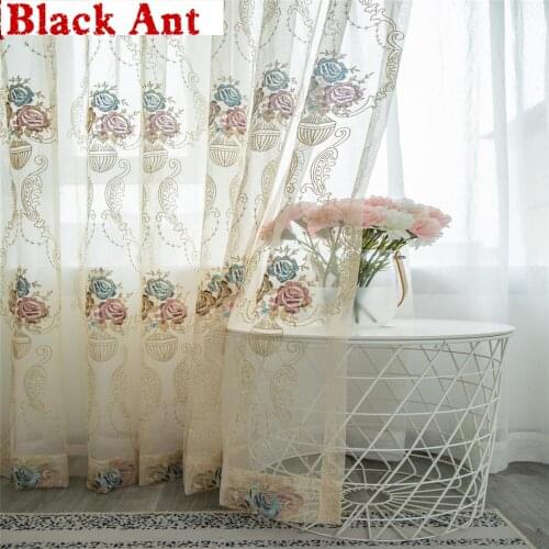 Embroidery Flower Screens European Style Voile Beige Tulle Sheer for Bedroom Living Room Windows Curtain M153#30