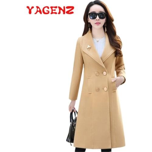 YAGENZ Winter Coat Women Blend Wool Coats Long Sleeve Outwear Slim Long Jacket Korean Casual Elegant Overcoat Woolen Coat 510