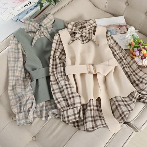 Chic Retro Plaids Women Single Breasted Loose Shirt Blouse + Woolen Belted Waist Vest 2 pcs Twinset Top