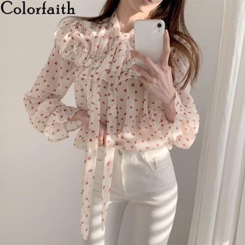 Colorfaith New 2020 Women Spring Summer Blouse Shirts Casual Print Elegant Ruffles Sweet Lace Up Bow Lady Chiffon Tops BL2685