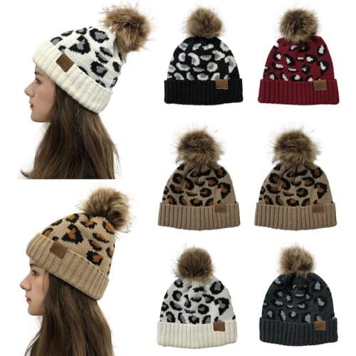 Women Brand Casual Knitted Beanie Hat Lady Autumn Winter Cap Leopard Print Plush Fashion Thick Warm Female Outdoor Sport Hats