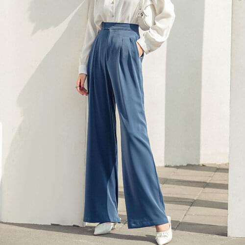 Hot Sale Fashion Straight Loose Pants 2021 Summer Korean Style Wide Legs Slim Long Pants Women Royal Blue In Stock