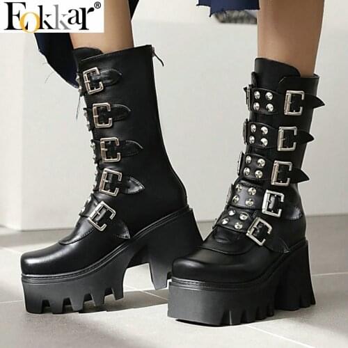 Eokkar 2021 Women Gothic Knee High Boots Platform Combat Boots Knee High Rivet Women Tall Boots Block Heel Goth Boots Platform