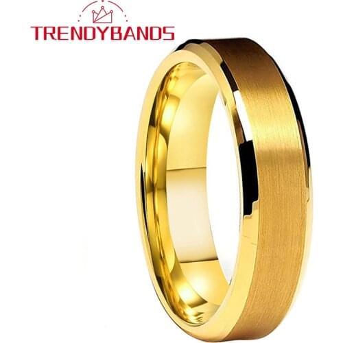 6MM Womens Wedding Bands Gold Mens Tungsten Carbide Rings Beveled Edges Brushed Finish Comfort Fit