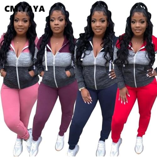 CM.YAYA Active Patchwork Womens Set Hooded Track Jacket Legging Pants Matching Set Sport Tracksuit Fitness Two Piece Set Outfit