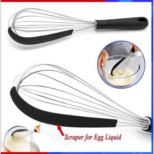 1Pcs Stainless Steel Whisk, Egg & Milk Beater, Silicone handles, 2-in-1 With Integrated Bowl Scraper