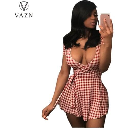 VAZN 2020 Deep V-neck Sleeveless Simple Casual Plaid Patchwork Mini Dresses Evening Gown Women Elegant Sexy Dress