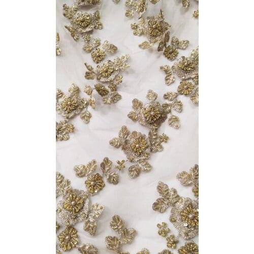 3 yards gold embroidered lace fabric 3D florals heavy beaded tulle lace fabrics for haute couture, bridal lace fabric