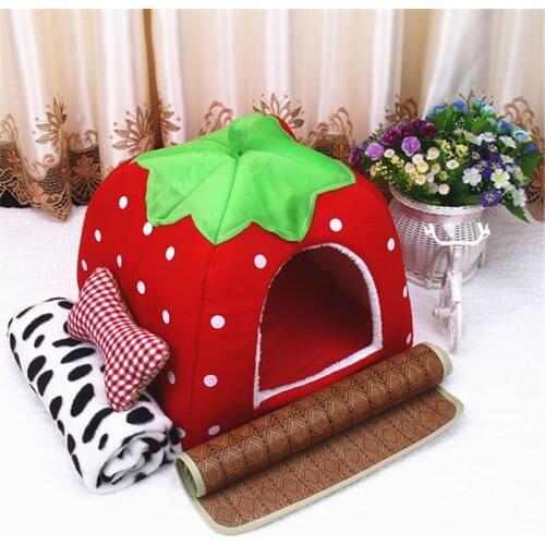 4PCS/SET Strawberry Pet Dog Cat House Blanket Pillow Mat Kennel Doggy Bed Foldable Cushion Basket Cute Animal Cave Pet Products
