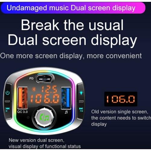 Bluetooth FM Transmitter with Dual Screen Universal Car Wireless Audio Receiver with 7clor Lights PD QC3.0 Fast Charge Player