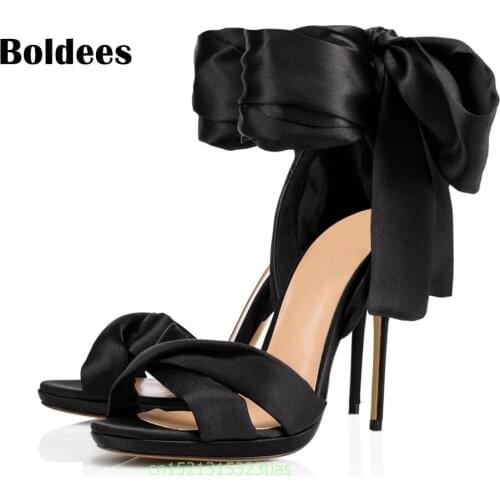 Boldees Concise Satin Big Bowtie Knot Gladiator Women Sandals High Heels Sexy Women Heel Sandals Summer Shoes