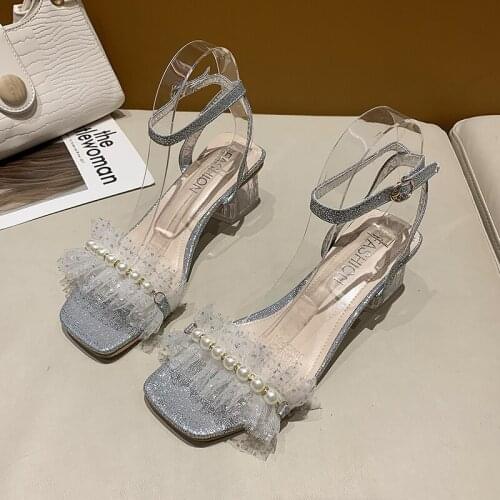 Short Heel Sandals Women New Summer Pearl Transparent Semi-high Crystal Fairy Fashion Rhinestone Womens Shoes Women Sandals